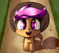 Size: 3708x3288 | Tagged: safe, artist:bloodatius, scootaloo, pegasus, pony, conical hat, cute, cutealoo, female, filly, hat, looking at you, open mouth, pathway, shadow, smiling, solo