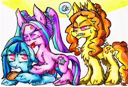 Size: 4390x2992 | Tagged: safe, artist:chibiwendy, adagio dazzle, aria blaze, sonata dusk, angry, chest fluff, ear fluff, fight, floppy ears, fluffy, ponified, shoulder fluff, shrunken pupils, taco, the dazzlings, unamused, unshorn fetlocks, upset