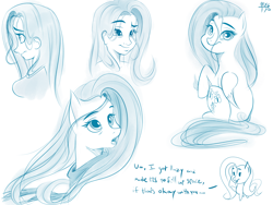 Size: 1600x1200 | Tagged: safe, artist:thethunderpony, fluttershy, human, humanized, monochrome, shy quest, sketch, sketch dump, smiling, windswept mane