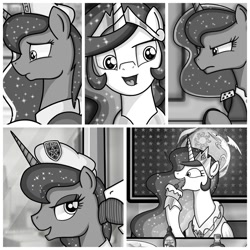 Size: 1500x1500 | Tagged: safe, artist:z-y-c, princess celestia, princess luna, alicorn, pony, card, comic, crown, jewelry, looking at you, monochrome, regalia