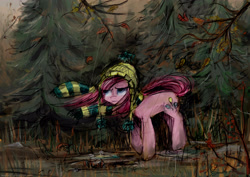 Size: 3507x2480 | Tagged: safe, artist:sweeterwho, pinkie pie, earth pony, pony, autumn, clothes, forest, pinkamena diane pie, rain, scarf, solo