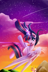 Size: 1000x1500 | Tagged: safe, artist:moeru789, derpibooru import, twilight sparkle, twilight sparkle (alicorn), alicorn, pony, canterlot, female, flying, glowing horn, magic, mare, shooting star, solo, stars, sunset