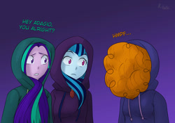 Size: 877x620 | Tagged: safe, artist:kibate, adagio dazzle, aria blaze, sonata dusk, equestria girls, adagio dazzle's hair, big hair, clothes, confused, dialogue, female, frown, funny as hell, gradient background, hair, hidden face, hoodie, muffled, purple background, reality ensues, signature, simple background, sweater, the dazzlings, unamused, wide eyes, worried