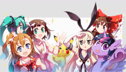 Size: 1554x888 | Tagged: safe, artist:sweetsound, derpibooru import, twilight sparkle, twilight sparkle (alicorn), alicorn, human, pikachu, pony, crossover, female, hakurei reimu, haruka amami, hatsune miku, idolmaster, kantai collection, love live! school idol project, mare, pixiv, pokémon, shimakaze, touhou