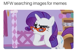 Size: 1408x936 | Tagged: safe, edit, edited screencap, screencap, rarity, pony, unicorn, suited for success, ..., caption, glasses, hmm, hoof on chin, lidded eyes, meme, meta, pouting, solo, thinking