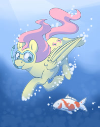 Size: 2129x2700 | Tagged: safe, artist:djkaskan, derpibooru exclusive, fluttershy, fish, pegasus, pony, diving goggles, no pupils, smiling, snorkel, snorkeling, solo, swimming, underwater, water, watershy