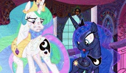 Size: 640x369 | Tagged: safe, edit, screencap, princess celestia, princess luna, alicorn, pony, a royal problem, cute, deepdream