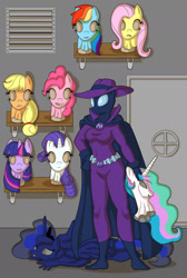 Size: 1200x1789 | Tagged: safe, artist:vytz, applejack, fluttershy, mare do well, pinkie pie, princess celestia, princess luna, rainbow dash, rarity, twilight sparkle, anthro, fantomas, mask, masking, masks, movie reference, ponysuit, superhero