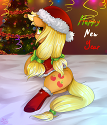 Size: 1500x1750 | Tagged: safe, artist:shellydreams, applejack, earth pony, pony, alternate hairstyle, christmas tree, clothes, hat, on side, pigtails, santa hat, socks, solo, tree