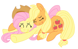 Size: 800x501 | Tagged: artist needed, safe, applejack, fluttershy, earth pony, pegasus, pony, accessory swap, appleshy, female, hat, lesbian, shipping, sleeping