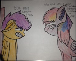 Size: 661x532 | Tagged: safe, artist:dinogrl, derpibooru import, rainbow dash, scootaloo, pegasus, pony, fanfic:rainbow factory, abuse, crying, dialogue, female, filly, mare, scootabuse, this will end in death, traditional art