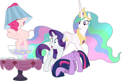 Size: 6358x4209 | Tagged: safe, artist:90sigma, artist:awesomecas, artist:mattyhex, artist:parclytaxel, edit, edited edit, editor:slayerbvc, pinkie pie, princess celestia, rarity, twilight sparkle, twilight sparkle (alicorn), alicorn, earth pony, pony, unicorn, ponyville confidential, the gift of the maud pie, the hooffields and mccolts, absurd resolution, bipedal, celestia is amused, cup, dancing, furless, furless edit, hat, head down, lampshade, lampshade hat, nude edit, nudity, pinkie being pinkie, ponk, punch (drink), punch bowl, shaved, shaved tail, simple background, smiling, table, transparent background, vector, vector edit, we don't normally wear clothes