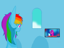 Size: 1024x768 | Tagged: safe, artist:dinogrl, derpibooru import, rainbow dash, pegasus, pony, unicorn, female, levitation, magic, mare, solo, telekinesis