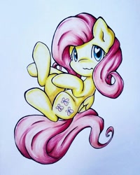 Size: 989x1236 | Tagged: safe, artist:gummigator, fluttershy, pegasus, pony, copic, folded wings, heart eyes, looking at you, looking up, solo, top down, traditional art, wingding eyes