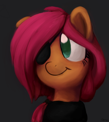 Size: 1968x2200 | Tagged: safe, artist:aemantaslim, fluttershy, pegasus, pony, alternate hairstyle, alternate universe, bust, clothes, eyepatch, looking away, portrait, smiling, solo, sweater, sweatershy, turtleneck