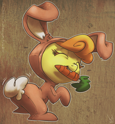 Size: 930x1000 | Tagged: safe, artist:atryl, carrot top, golden harvest, bunny costume, carrot, clothes, cute, cutie top, filly, mouth hold, solo