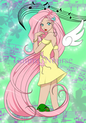 Size: 1200x1700 | Tagged: safe, artist:rhela, fluttershy, human, turtle, :3, :o, bracelet, clothes, dress, floating wings, humanized, jewelry, looking at you, looking back, music notes, open mouth, solo, winged humanization