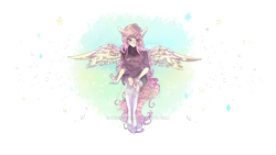 Size: 1024x576 | Tagged: safe, artist:dream--chan, fluttershy, anthro, abstract background, clothes, looking at you, sitting, solo, spread wings, watermark