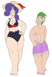 Size: 1449x2148 | Tagged: safe, artist:catstuxedo, rarity, spike, human, blue swimsuit, clothes, green hair, hand on hip, hat, high waisted bikini, humanized, polka dot swimsuit, purple swimsuit, swimsuit