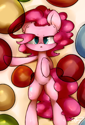 Size: 2882x4225 | Tagged: safe, artist:bloodatius, pinkie pie, earth pony, pony, absurd resolution, bored, female, looking at you, lying down, mare, on back, solo, tired