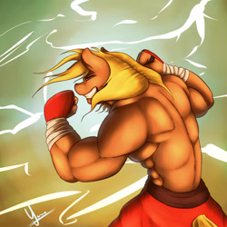 Size: 1600x1600 | Tagged: safe, artist:jamesjackobgermany, applejack, applejack (male), anthro, applejacked, arm wraps, athletic tape, clothes, fighter, muscles, pads, rule 63, shorts, solo, topless