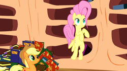 Size: 1280x720 | Tagged: safe, screencap, applejack, fluttershy, earth pony, pegasus, pony, magic duel, book, great moments in animation