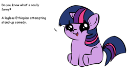 Size: 1194x668 | Tagged: safe, derpibooru import, twilight sparkle, pony, unicorn, dialogue, exploitable meme, female, filly, filly twilight sparkle, filly twilight telling an offensive joke, horn, looking at you, meme, multicolored mane, multicolored tail, obligatory pony, purple coat, simple background, sitting, smiling, solo, stand-up comedy, talking to viewer, underhoof, vulgar, white background