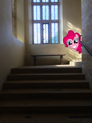 Size: 2448x3264 | Tagged: safe, artist:harpycross, pinkie pie, bench, irl, photo, photoshop, ponies in real life, smiling, solo, stairs, vector