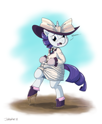 Size: 1280x1557 | Tagged: safe, artist:jeglegator, rarity, pony, semi-anthro, unicorn, ppov, boots, clothes, dress, female, gloves, mare, mud, raristocrat, rose dewitt bukater, shoes, titanic