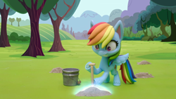 Size: 1920x1080 | Tagged: safe, derpibooru import, screencap, rainbow dash, pegasus, pony, gem of a problem, my little pony: pony life, my little pony: stop motion short, bucket, digging, shocked, shovel, solo, stop motion