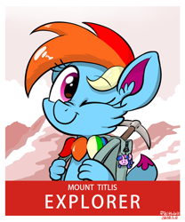 Size: 708x850 | Tagged: safe, artist:holp, derpibooru import, rainbow dash, oc, oc only, oc:hsu amity, oc:rainbow eevee, bag, blinking, cute, dashabetes, eevee, explorer, mountain, pickaxe, pokémon, positive ponies, poster, signature, smiley face, species swap, switzerland