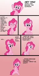 Size: 1200x2349 | Tagged: safe, artist:zharkaer, derpibooru exclusive, pinkie pie, earth pony, pony, anniversary, breaking the fourth wall, bronybait, comic, crying, end of g4, end of ponies, feels, female, floppy ears, gradient background, happy birthday mlp:fim, harsher in hindsight, hilarious in hindsight, looking at you, mare, mlp fim's sixth anniversary, sad, sad in hindsight, sadder in hindsight, solo, talking to viewer, underhoof