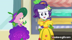 Size: 480x270 | Tagged: safe, artist:happaxgamma, fluttershy, rarity, better together, equestria girls, holidays unwrapped, animated, clothes, cord pulling, cornucopia costumes, food, gif, grapes, hat, inflatable, inflatable dress, inflating, inflation, o come all ye squashful, pullcord, pulling, skirt, skirt inflation, surprised