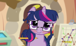 Size: 1182x723 | Tagged: safe, artist:shutterflyeqd, derpibooru import, sci-twi, twilight sparkle, equestria girls, adorkable, blushing, cute, discovery family logo, dork, equestria girls ponified, fake screencap, female, glasses, looking at you, messy mane, pencil, ponified, smiling, solo, unicorn sci-twi