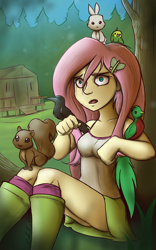 Size: 670x1076 | Tagged: safe, artist:gabbslines, fluttershy, bird, rabbit, squirrel, equestria girls, animal, boots, clothes, open mouth, scared, scenery, skirt, skirt lift, socks, tanktop, thighs