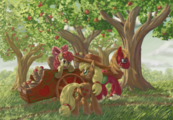 Size: 4000x2777 | Tagged: safe, artist:morevespenegas, apple bloom, applejack, big macintosh, earth pony, pony, absurd resolution, apple, food, male, painting, scenery, stallion