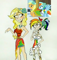 Size: 2671x2837 | Tagged: safe, artist:citi, derpibooru import, screencap, applejack, rainbow dash, human, a canterlot wedding, alternate hairstyle, bare shoulders, bridesmaid dress, clothes, dress, humanized, scene interpretation, screencap reference, sleeveless, strapless