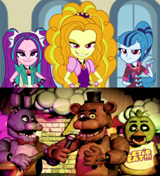 Size: 1366x1500 | Tagged: safe, adagio dazzle, aria blaze, sonata dusk, equestria girls, rainbow rocks, bonnie, chica, comparison, evil, evil grin, five nights at freddy's, freddy fazbear, the dazzlings