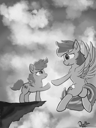 Size: 4500x6000 | Tagged: safe, artist:akuneanekokuro, derpibooru import, rainbow dash, scootaloo, pegasus, pony, black and white, cutie mark, female, filly, flying, grayscale, mare, monochrome