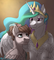 Size: 1335x1500 | Tagged: safe, artist:marinavermilion, princess celestia, oc, oc:ether net, alicorn, pegasus, pony, commission, duo, two toned wings, ych result