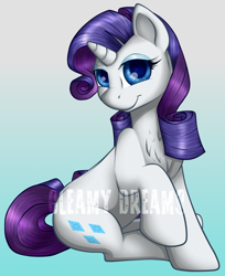 Size: 900x1103 | Tagged: safe, artist:gleamydreams, rarity, pony, unicorn, chest fluff, cute, female, looking at you, mare, obtrusive watermark, sitting, watermark