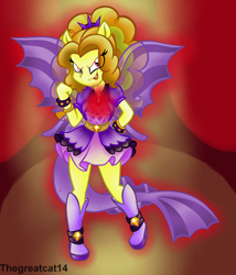 Size: 1024x1195 | Tagged: safe, artist:queentigrel, adagio dazzle, siren, equestria girls, fangs, fin wings, gem, looking at you, ponied up, solo, tail, transformation