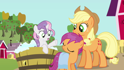 Size: 1280x720 | Tagged: safe, screencap, applejack, scootaloo, sweetie belle, earth pony, pegasus, pony, unicorn, one bad apple, apple tree, bath, bathing, bathing together, bubble, cute, cutealoo, eyes closed, female, filly, freckles, mare, outdoor bathing, outdoors, raised hoof, towel, tree, washtub, wet, wet mane