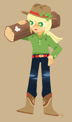 Size: 880x1500 | Tagged: safe, artist:magneticskye, part of a set, applejack, equestria girls, alternate hairstyle, boots, clothes, flower, hat, jeans, lineless, log, pants, simple background, solo