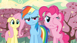 Size: 1920x1080 | Tagged: safe, derpibooru import, screencap, fluttershy, pinkie pie, rainbow dash, earth pony, pegasus, pony, the last roundup, cherry tree, hoof over eye, pinkie promise, rainbow dash is not amused, tree, unamused