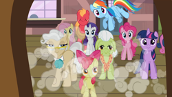 Size: 1920x1080 | Tagged: safe, derpibooru import, screencap, apple bloom, big macintosh, bon bon, fluttershy, granny smith, mayor mare, pinkie pie, rainbow dash, rarity, sweetie drops, twilight sparkle, earth pony, pegasus, pony, unicorn, the last roundup, train