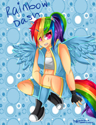 Size: 2153x2786 | Tagged: safe, artist:pieperstars, derpibooru import, rainbow dash, human, 2104, abstract background, clothes, converse, female, fingerless gloves, gloves, gym shorts, humanized, midriff, sexy, shoes, shorts, sitting, socks, solo, sports bra, sports shorts, tail, text, vest, winged humanization, wings