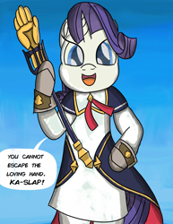 Size: 2550x3300 | Tagged: safe, artist:saburodaimando, rarity, pony, unicorn, bipedal, cygames, dragalia lost, estelle, imminent spanking, loving hand, nintendo, tabitha st. germain, voice actor joke