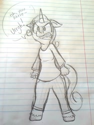 Size: 1536x2047 | Tagged: safe, artist:princessmuffinart, rarity, anthro, unicorn, angry, dialogue, fist, lined paper, sketch, traditional art