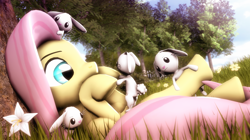 Size: 3840x2158 | Tagged: safe, artist:selestlight, fluttershy, pegasus, pony, rabbit, 3d, cute, flower, grass, on back, solo, source filmmaker, tree